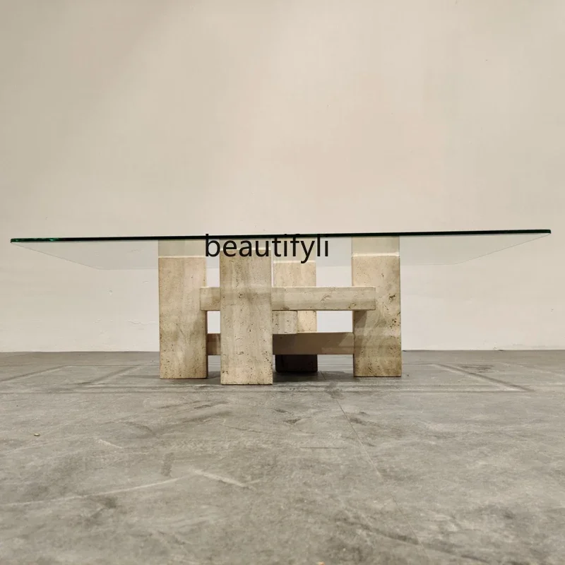 Modern simple marble coffee table designer tempered glass countertop rectangular natural travertine image 3