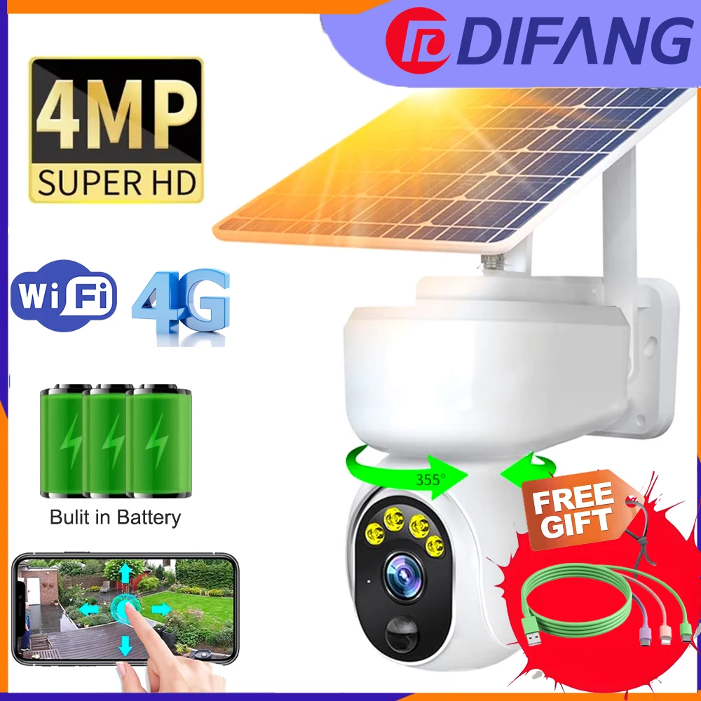 Difang Outdoor 4G Solar Security Camera, 4MP Motion Detection, Two Way Audio, Wide Angle CCTV  Solar Power WiFi Security Camera