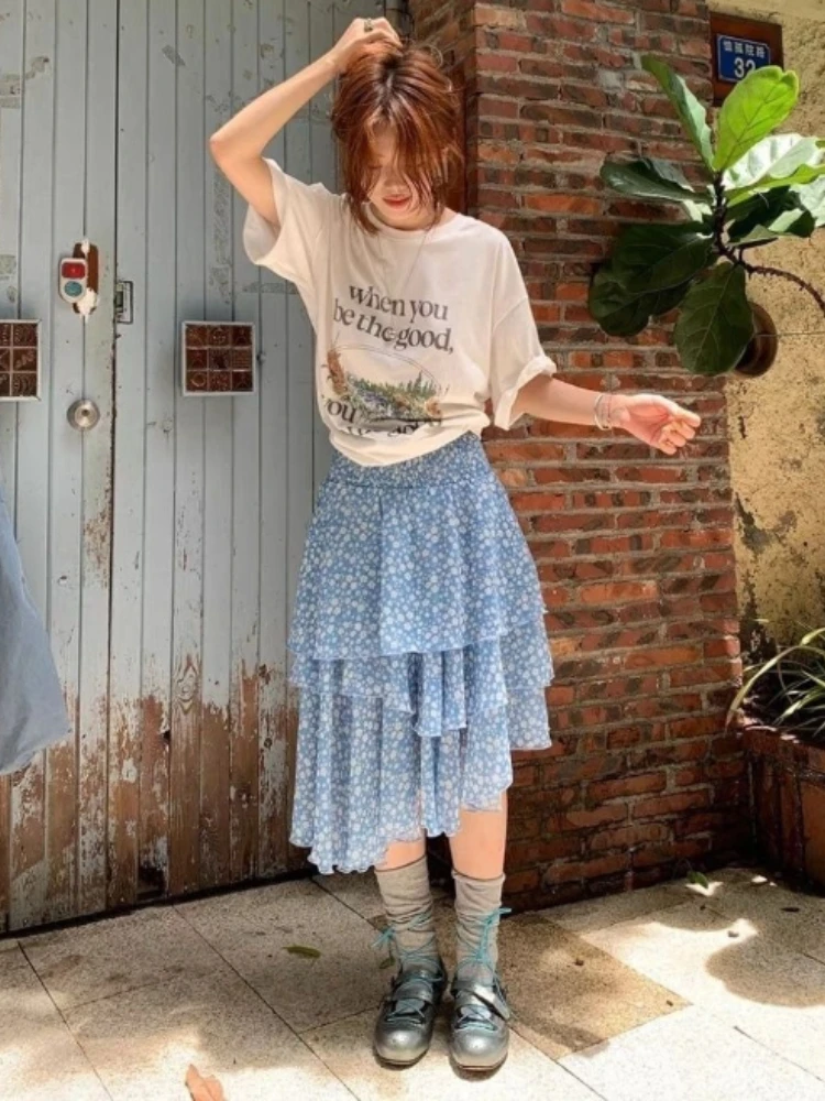 

Deeptown Korean Style Floral Skirts Women Elegant Sweet Blue Asymmetrical Mid Skirt Fairycore Harajuku Japanese Layered Skirts