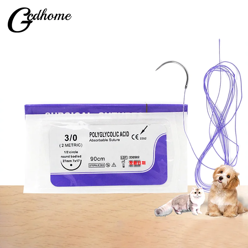 Absorbable PGA Suture Thread 2-0 3-0 4-0 90CM With Needle Pet Dog Dedicated For Veterinary Training Practice Exercises