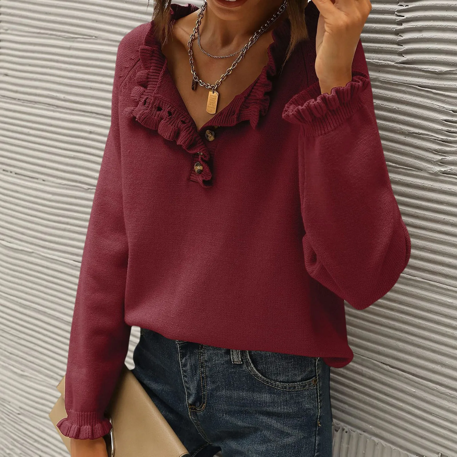 Women'S New Ruffled Pullover Sweater Solid Color Elegant Pullover Button-Up Trumpet Sleeve Stylish Top Casual All Match Sweater