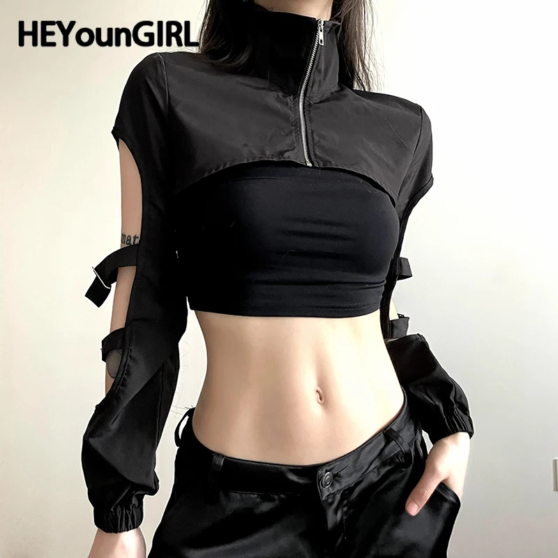 HEYounGIRL Turtleneck Zip Up Crop T-shirt Biker Punk Black Fashion Hollow Out Full Sleeve Short Coat Techwear Sexy Rave Outfits