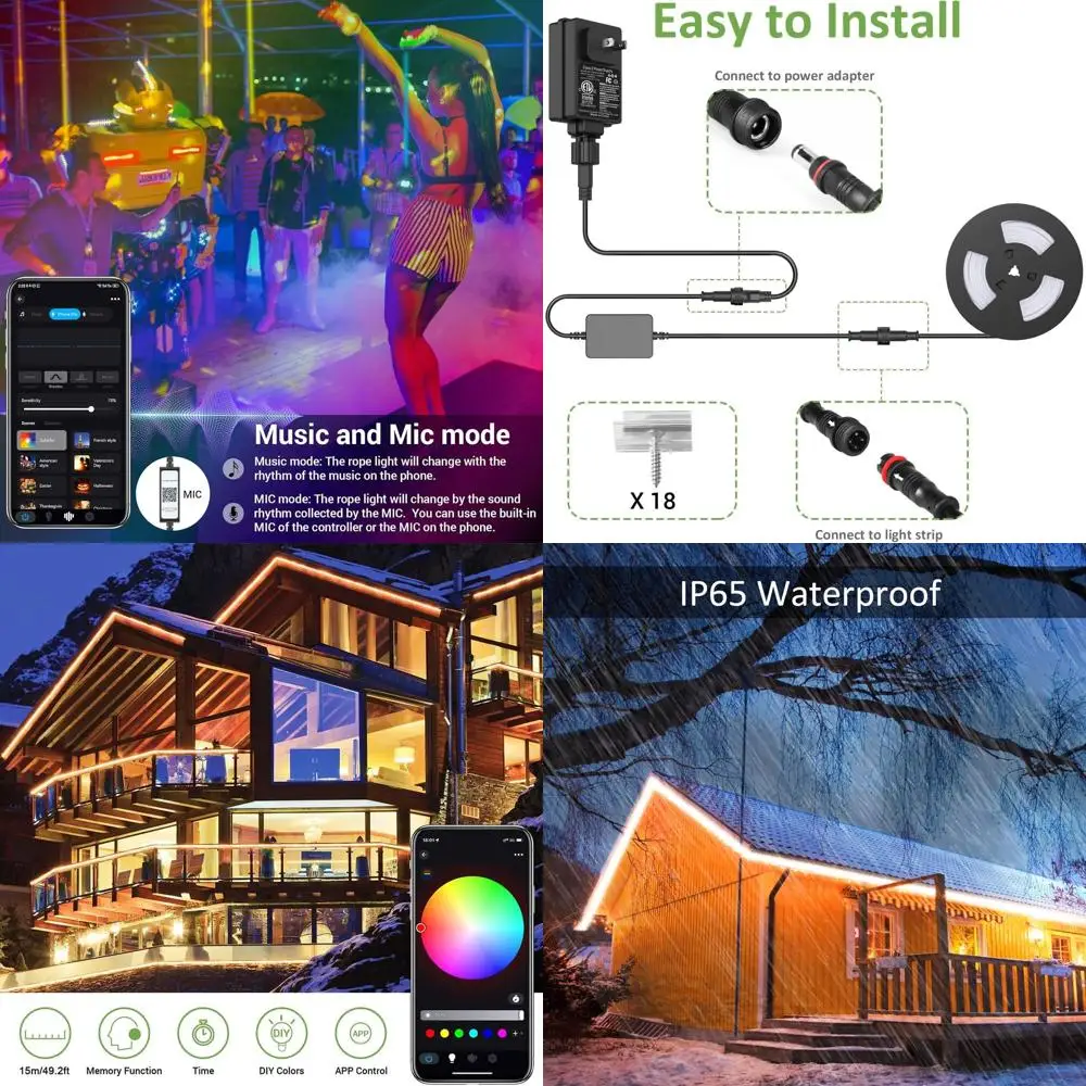 49.2ft RGB LED حبل ضوء، شريط ذكي خارجي مع مزامنة الموسيقى، التطبيق وجهاز التحكم عن بعد RF، عكس الضوء لإضاءة الحديقة والحفلات، 2 #1