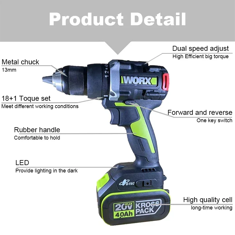 Worx WU193 Heavy Duty Cordless Dual Speed Drill Brushless 20v 95Nm 2000rpm for Metal and Wood Working Universal Green Battery