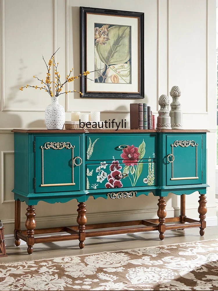 

zxqAmerican Style Sideboard Solid Wood Living Room Tea Cabinet Home Wall French Retro Entrance Cabinet Corridor Cabinet furnitur