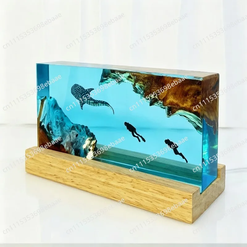 Whale shark and diver, resin night light, scuba diving deep sea exploration personalized wood lamp home decoration gift