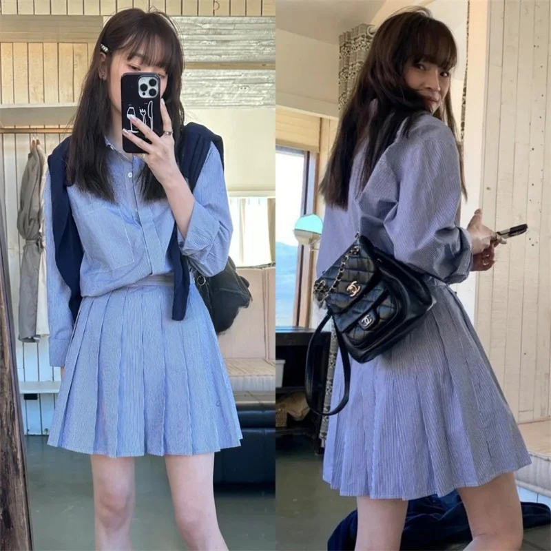 

Frele Zhao Lusi Women's Loose Striped Long Sve irt And Pleated ort Skirt Set Comfortable Cotton Commute Sle Spring...