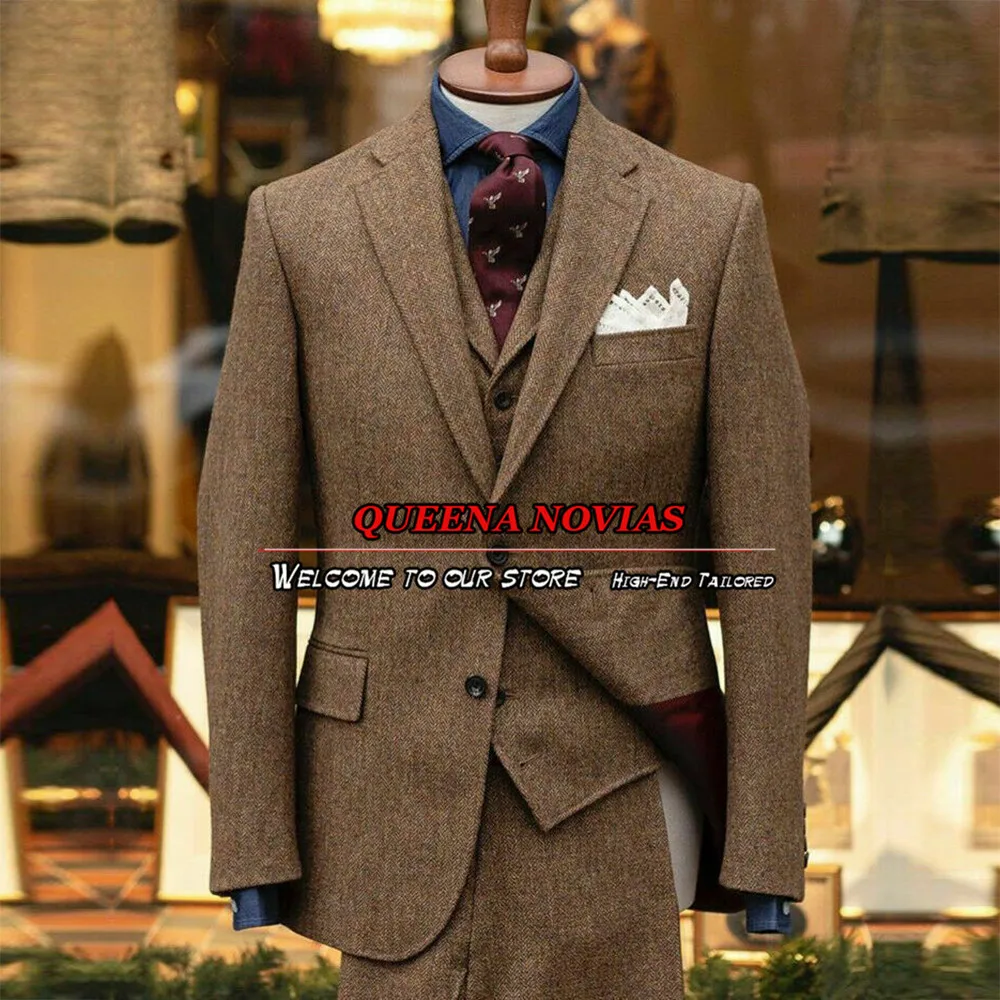 Jas Pernikahan Herringbone Coklat untuk Pria Set Blazer Kancing Sebaris Reguler Tuksedo Pria Pengantin Pria Formal Gaun Prom Pria Pesta Malam