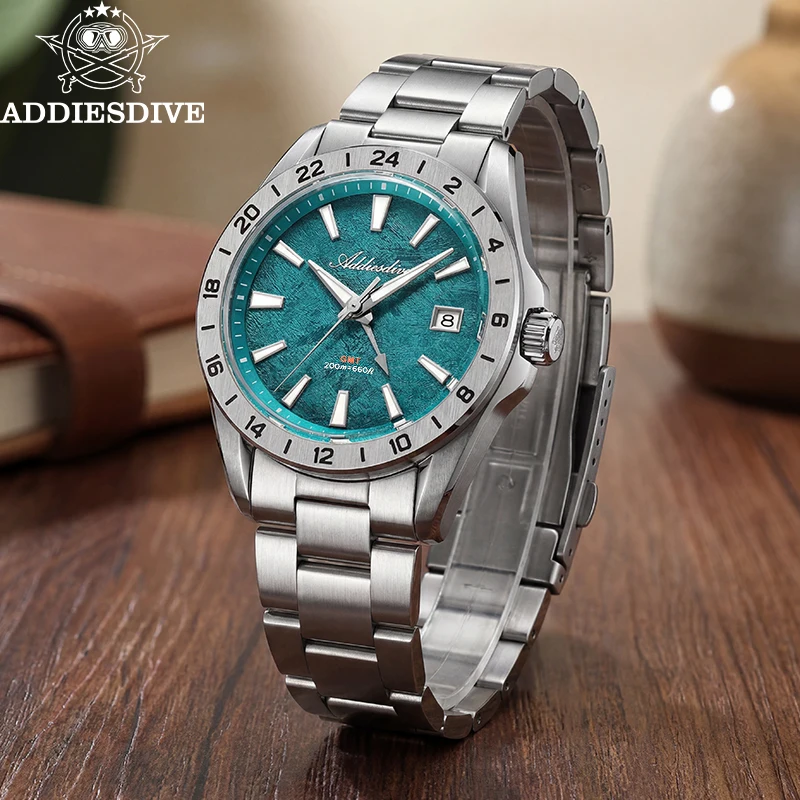 

ADDIESDIVE GMT Quartz Watches For Men 515-24H Dual Time Zone Wristwatch Super Luminous Sapphire Glass 200m Waterproof Dive Watch