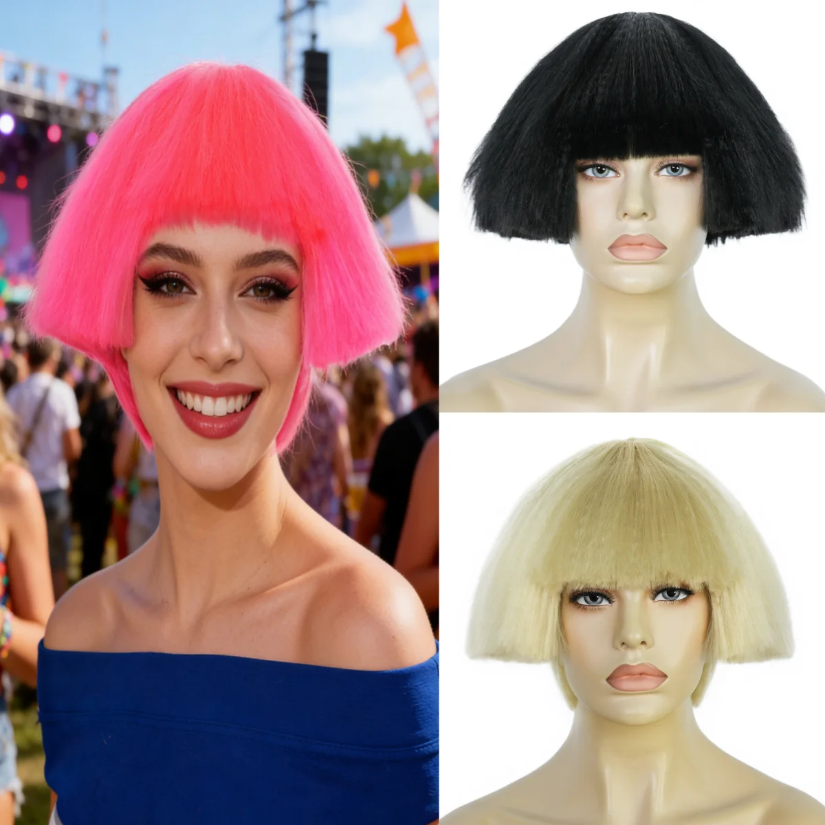 

Short yak straight synthetic wig, red, black, light gold mushroom head wig, bowl shaped wig, Bob wig