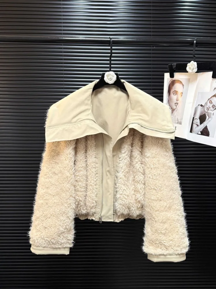 Winter Dikker Warme Vrouwen Dubbelzijdig Wearable Sailor Kraag Jas Rits Wollen Voering Bovenkleding Loose Fit Vrouwelijke Mode Jas