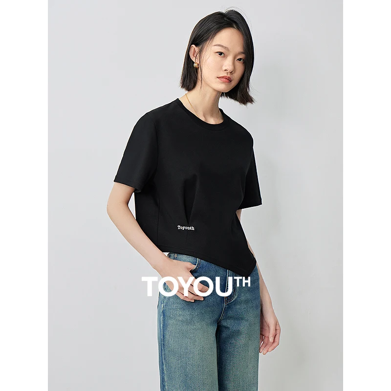 TOYOUTH Women Lrregular Design Sense T-shirt 2024 Summer New Waist Collection Short Top