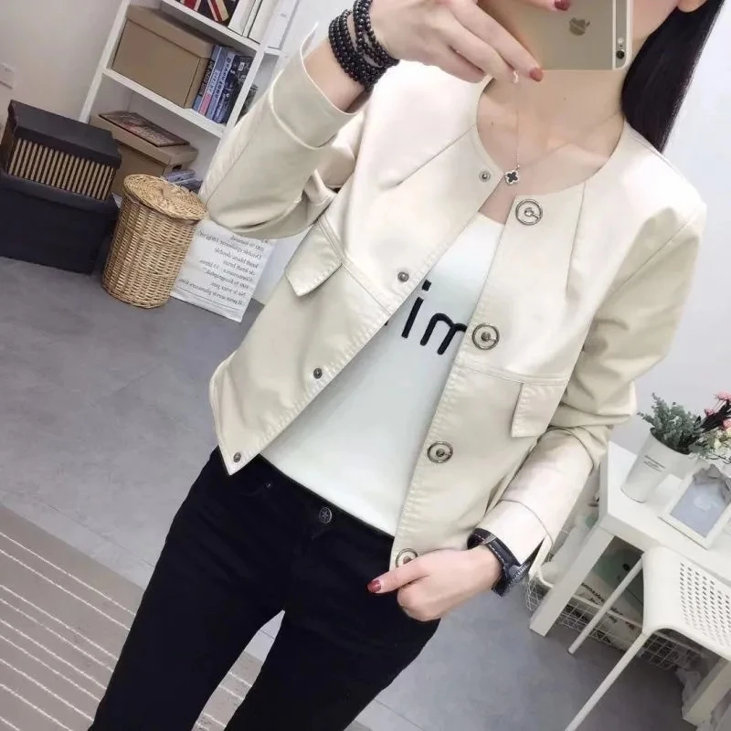 Short Leather Jacket Women\'s Spring Autumn Coat Tops 2024 New Korean Version Slim Round Neck PU Leather Locomotive Jacket Female