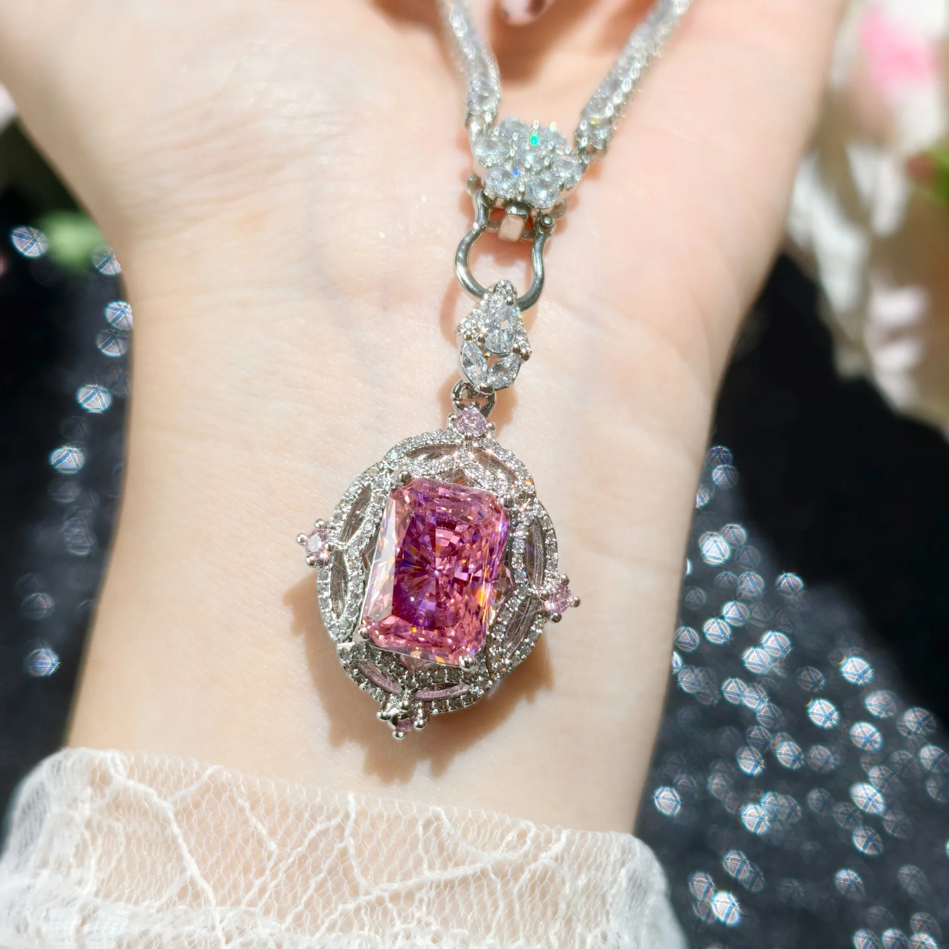 

Luxury Crystal Pink Rectangle Necklace Female Wedding Jewelry Set Temperament Starry Sky Stone Pendant Women Jewelry