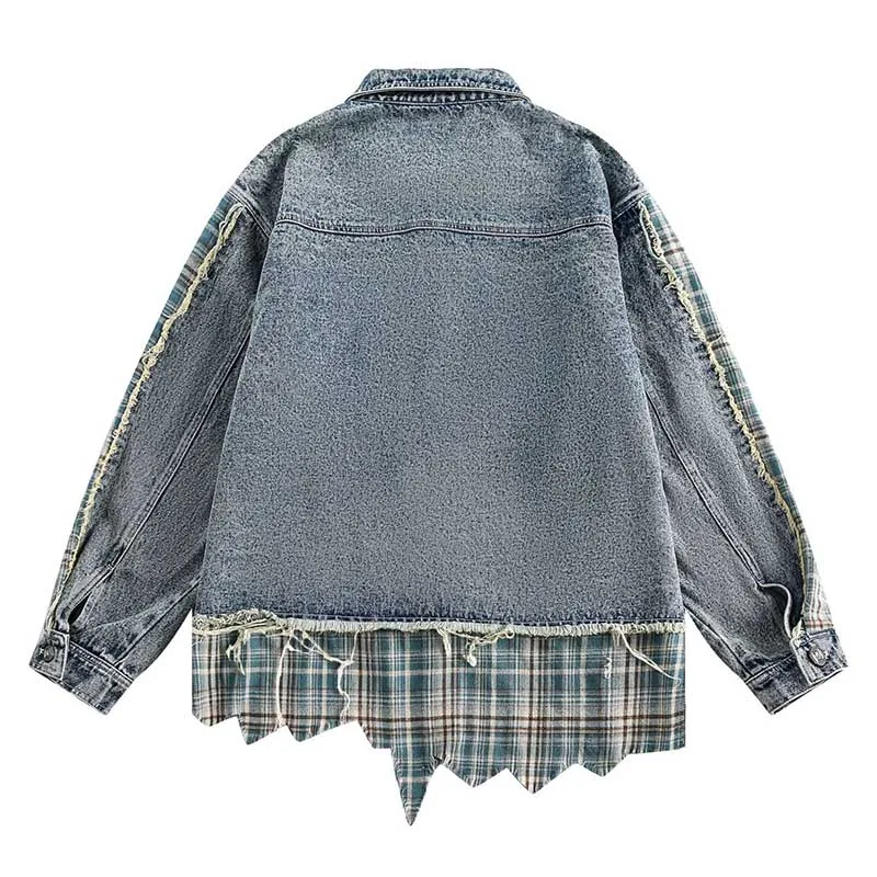 Oversized Hip Hop Ripped Denim Jackets Hi Street Plaid Patchwork Outwear Jeans Coats For Male Streetwear