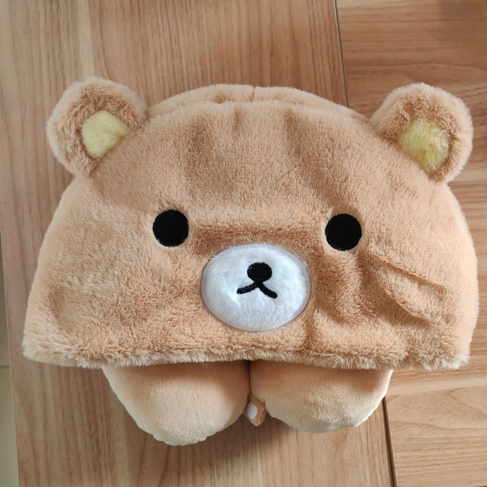 Rilakkuma – oreiller cervical en peluche à capuche en forme de U, doux et moelleux, compagnon de voyage pour la chaleur, cadeau de sieste au bureau d'hiver