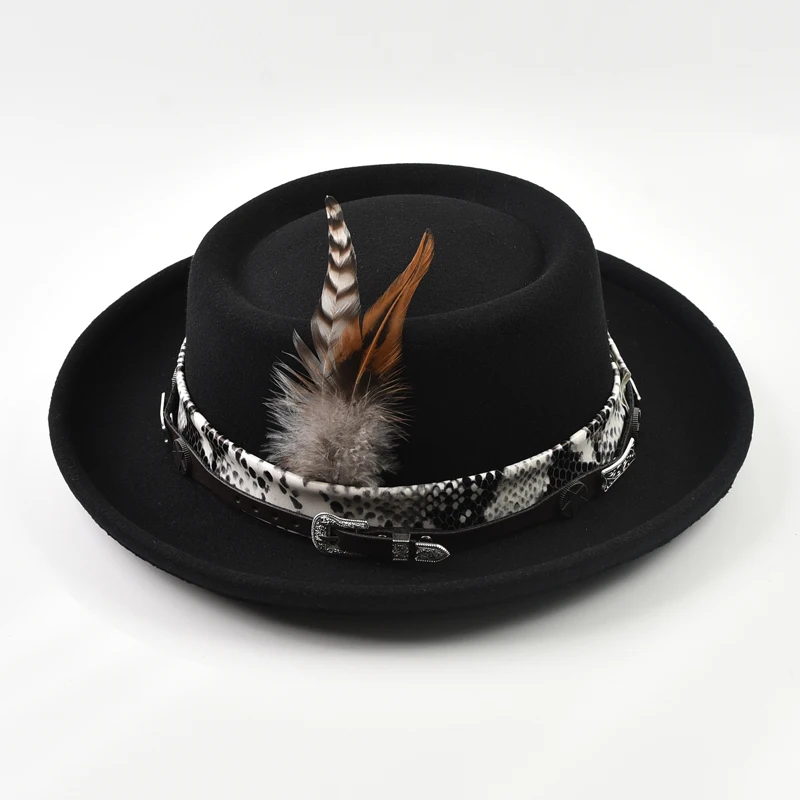 Classic Imitation Wool Soft Felt Pork Pie Hat Mens Rolled Brim Felt Fedora Hat with Feather