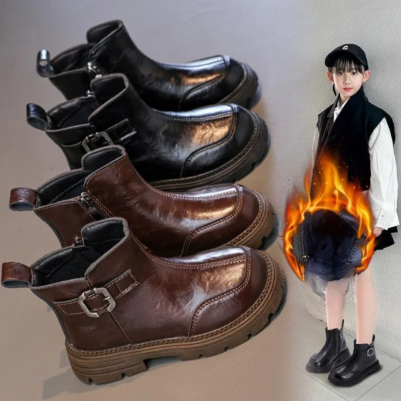 

Children's Fashion Boots Autumn Winter New Boy Girl Velvet Warm Princess PU Leather Kids Cotton Plush Footwear Size 26-36