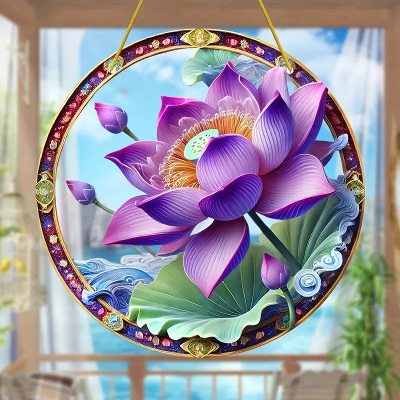 Flower Suncatcher, Stained Translucent Hanging, Acrylic Round Sign,Winter Window Decor,Wreath Sign,Wreath Center, Christmas Gift
