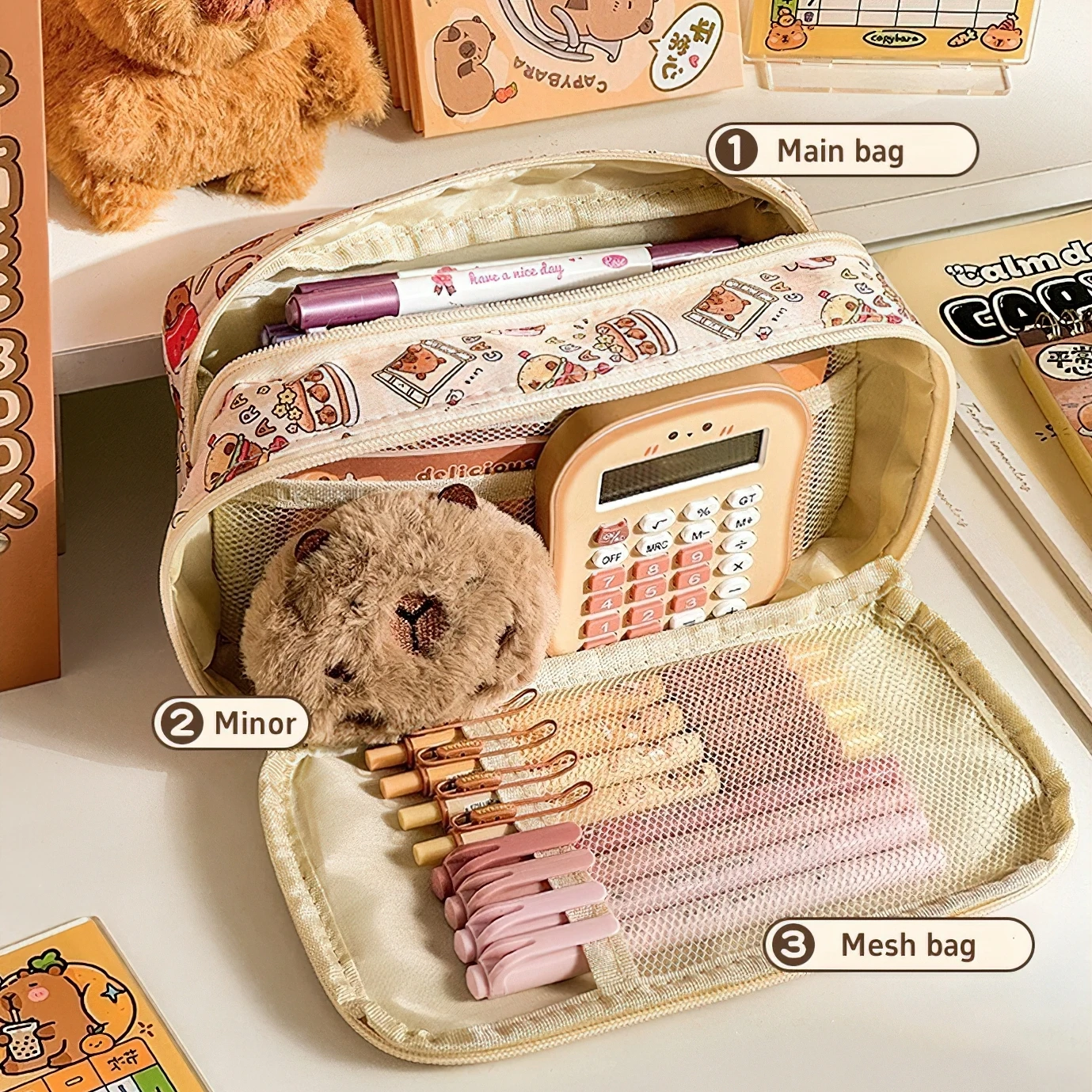 Cute Cartoon Pencil Bag Pen Case Capybara Dog Cat Flip Cover Transparent Front Multi Pocket Storage Pouch Stationery A7665