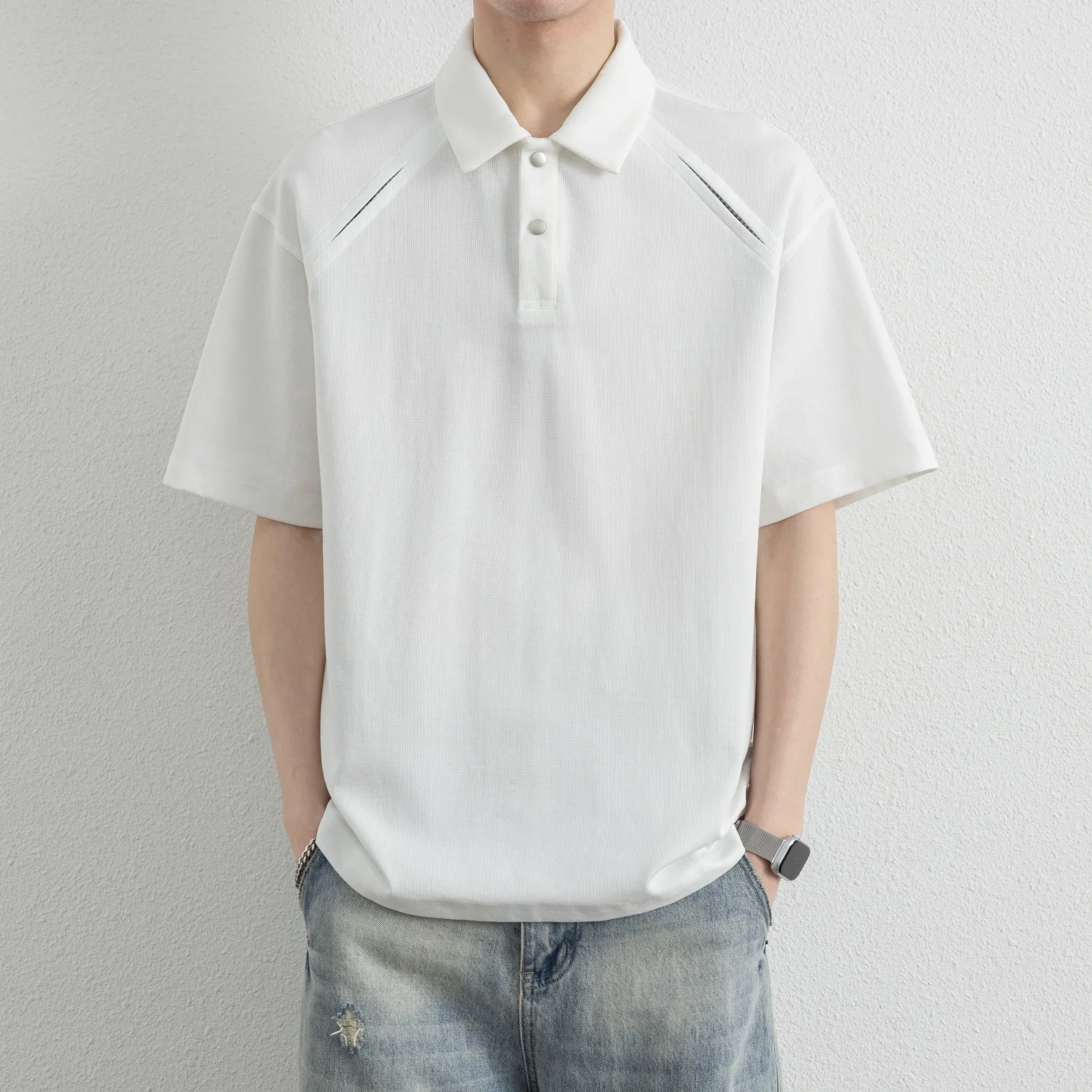 2026 Summer Men's Short-Sleeved Open-Back Checkered Patchwork Shirt with Collar T-Shirt Youth Polo Shirt