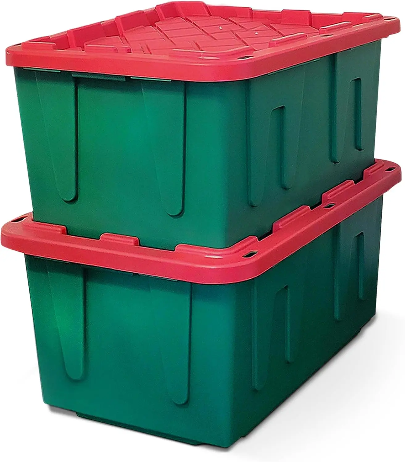 

2-Pa Durabilt, Heavy Duty Plastic Storage Bins With Lids, 27 Gallon, Green/Red - Stackable Container Boxes For Holiday, Attic,