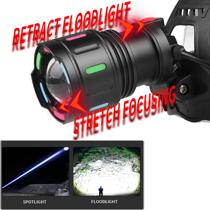 Strong 30W white laser headlight Long endurance fluorescent light strip telescopic zoom outdoor portable fishing headlight