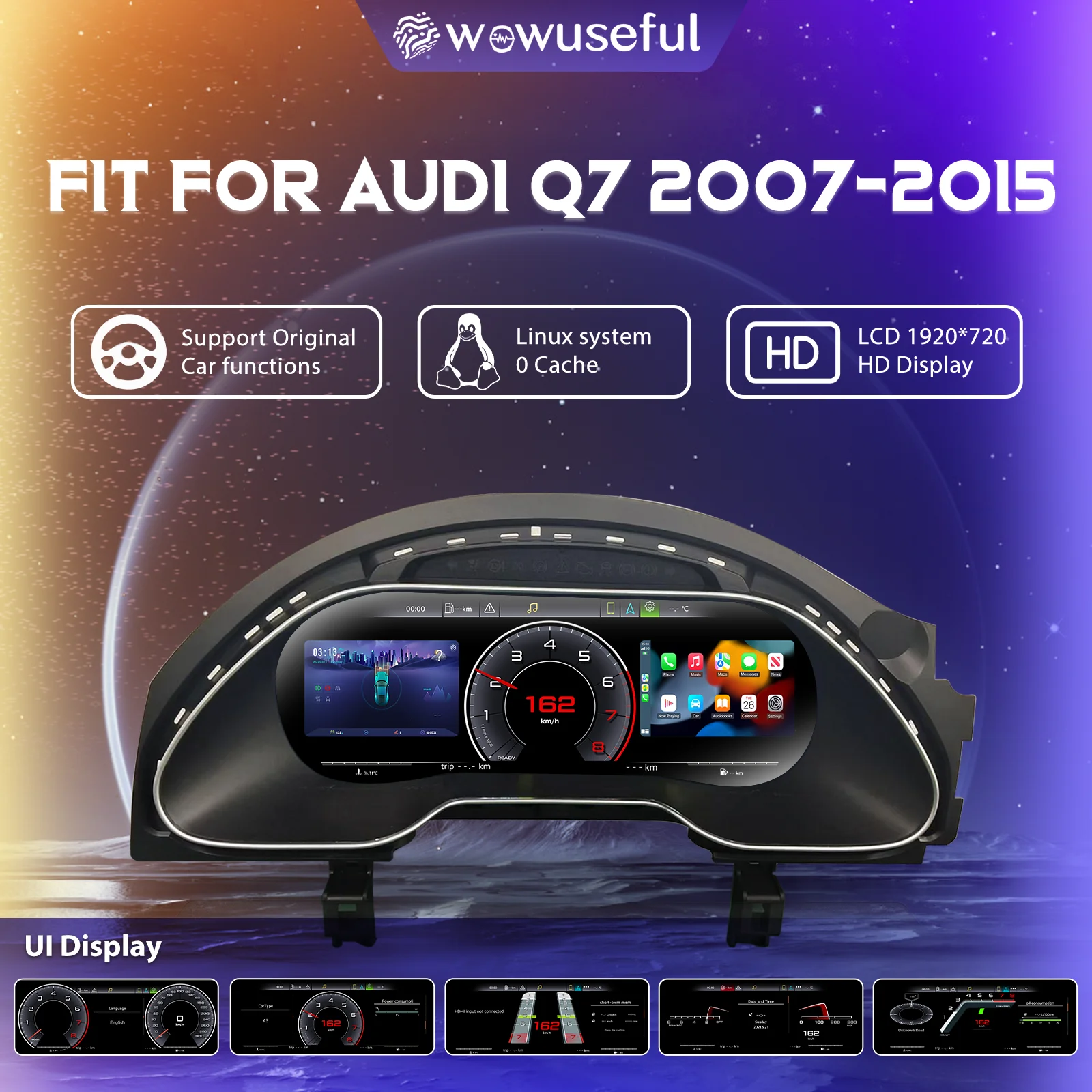 Cruscotto LCD 1920*720, Pannello Strumenti Virtuale per Audi Q7 2007-2015, Quadro Strumenti Digitale, Tachimetro