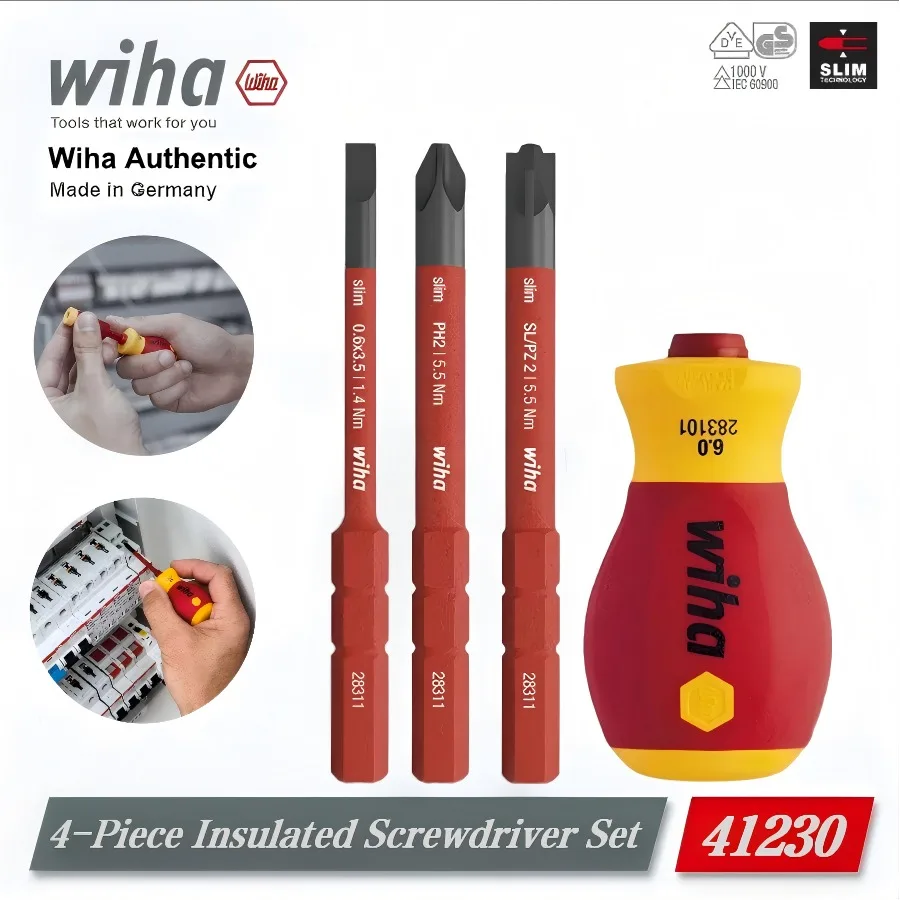 Wiha 41230 4Pcs 1000V Insulated Screwdriver Set | Short Shank Anti-Slip Bit Holder Electrician Tool