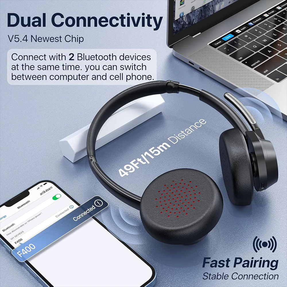 Bluetooth-Headset, kabellose Bluetooth V5.4-Kopfhörer mit Mikrofon, kabelloses Multipoint Connect-Headset mit Geräuschunterdrückung und Mikrofon – Detail 26