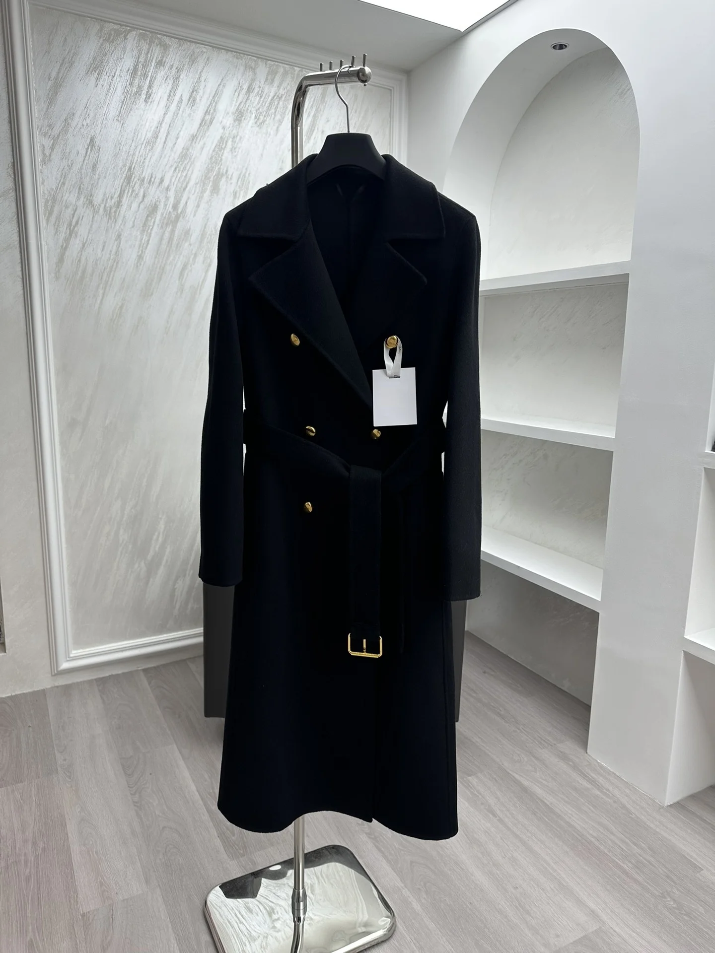 High-end Double-sided Water Ripple 90 % Wool 10% Cashmere Coat for Women Lapel Neck Long Bathrobe Style Autumn Winter Outerwear