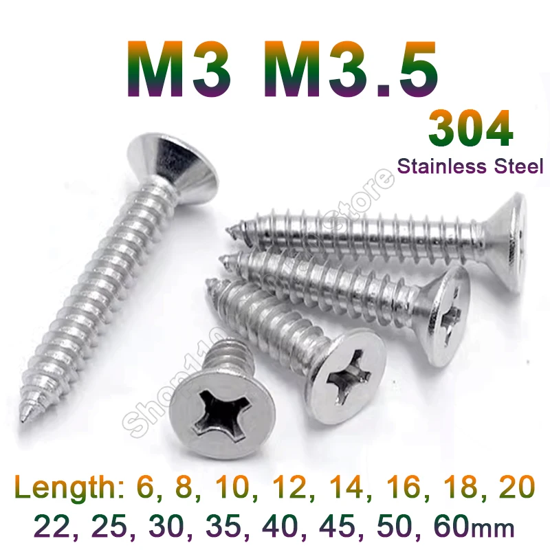 20-200pc DIN7050 M3 M3.5 A2 304 Stainless Steel Phillips Flat Countersunk Head Self-Tapping Screw Cross Wood Screw Length 6-60mm