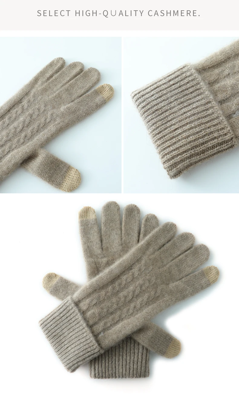 Winter High-Quality 100% Real Cashmere Touch Screen Gloves Women Soft Warm Stretch Knit Mittens Full Finger Guantes Female