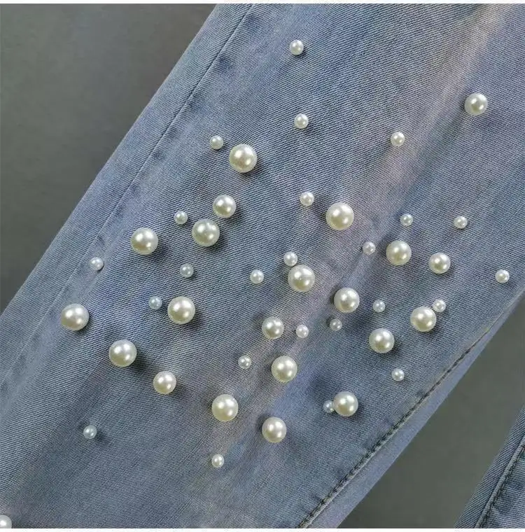 韓国ジーンズ女性ストリートファッションデニムハーレムパンツ 2026 新しいボトムス弾性ウエストビーズカジュアルヴィンテージパンタロンファム