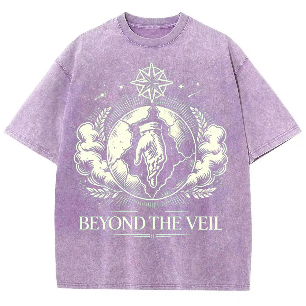 Vintage Occult Graphic Tee for Men Women, Beyond The Veil Cosmic Earth Hand Star Mystic Retro Woodcut Print Oversize Washed Shor