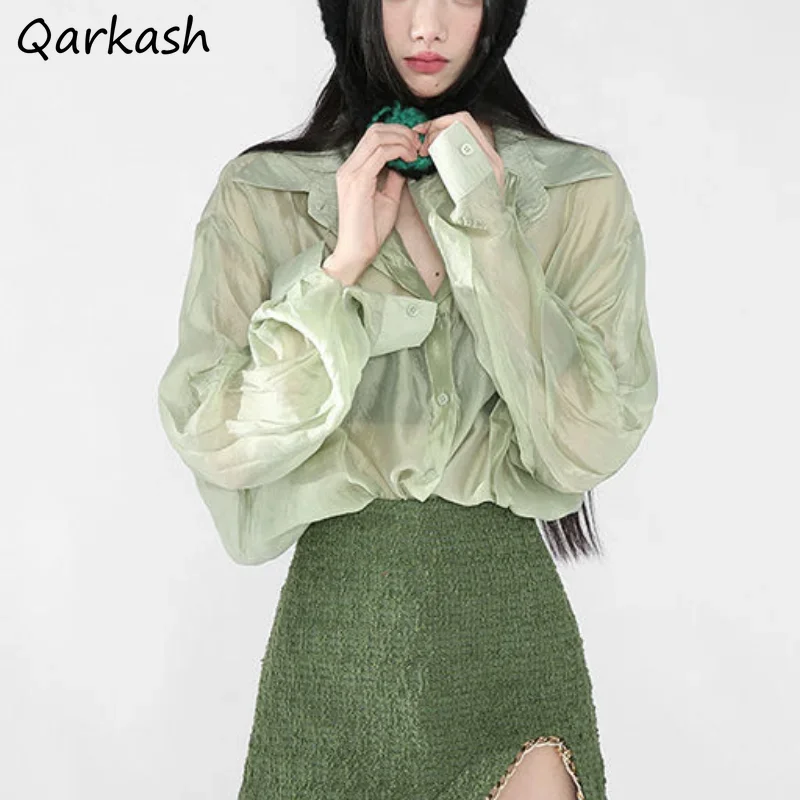 

Shirts Women Spring Summer Daily Sun-proof Thin Casual Simple Green Solid Korean Style Рубашки Loose Fashion Tops Ladies Elegant