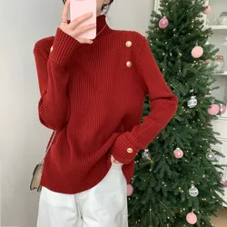 Red Turtleneck Thick Sweater Women Autumn Winter Loose Fashion Patchwork Long Sleeve Knitwear All-match Casual Knitting Tops