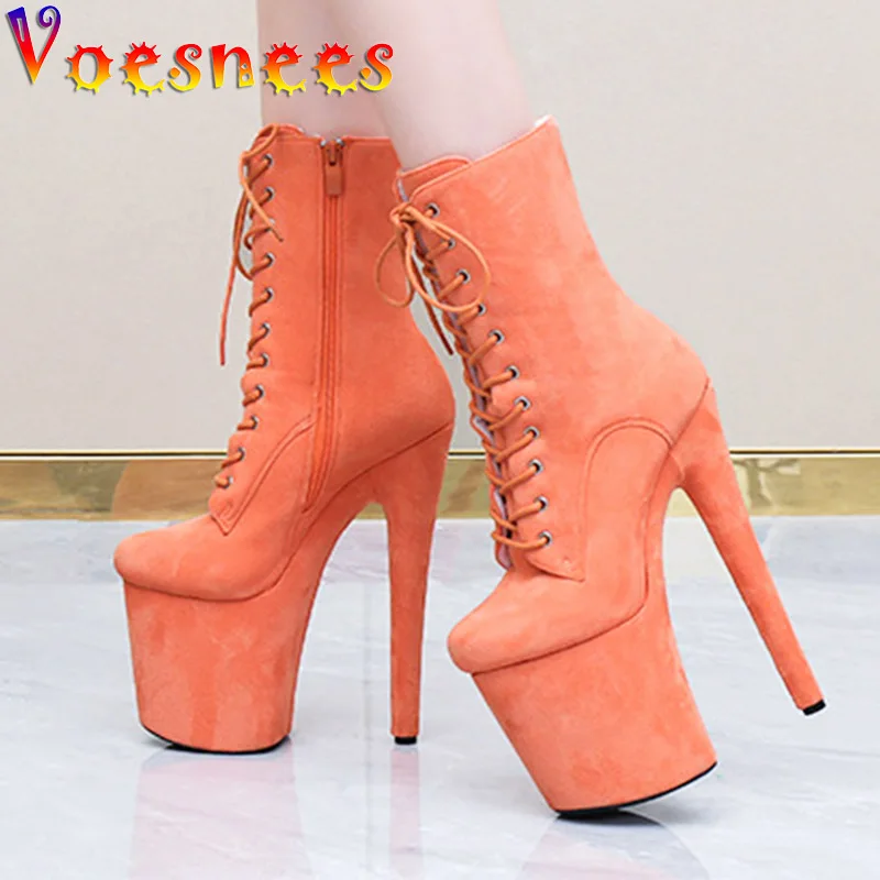 2025 New 8 Inch Stiletto Pumps Flock Lace Up Low Tube Ankle Boots 20CM Nightclub Stripper Shoes Pole Dance High Heels Women