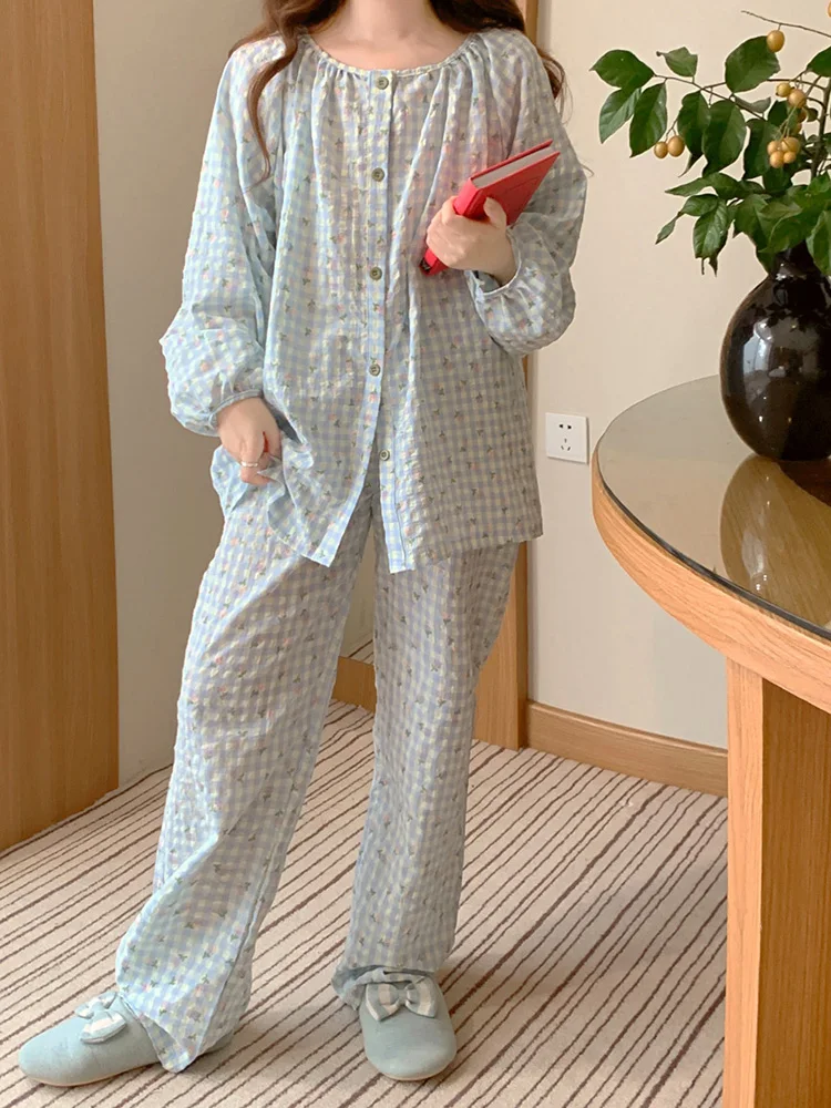 New Print Simple Sweet Korean Plaid Fashionable Autumn Long Sleeve Pajama Set Women Loose Elegant Casual Comfortable Sleepwear