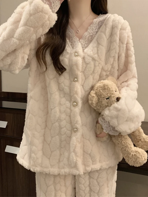 2025 Autumn Winter Ladies' Coral Fleece Lined Thickened Long Sleeve Lace Home Clothes Set Flannel Sleepwear Set Sweet Cute Style