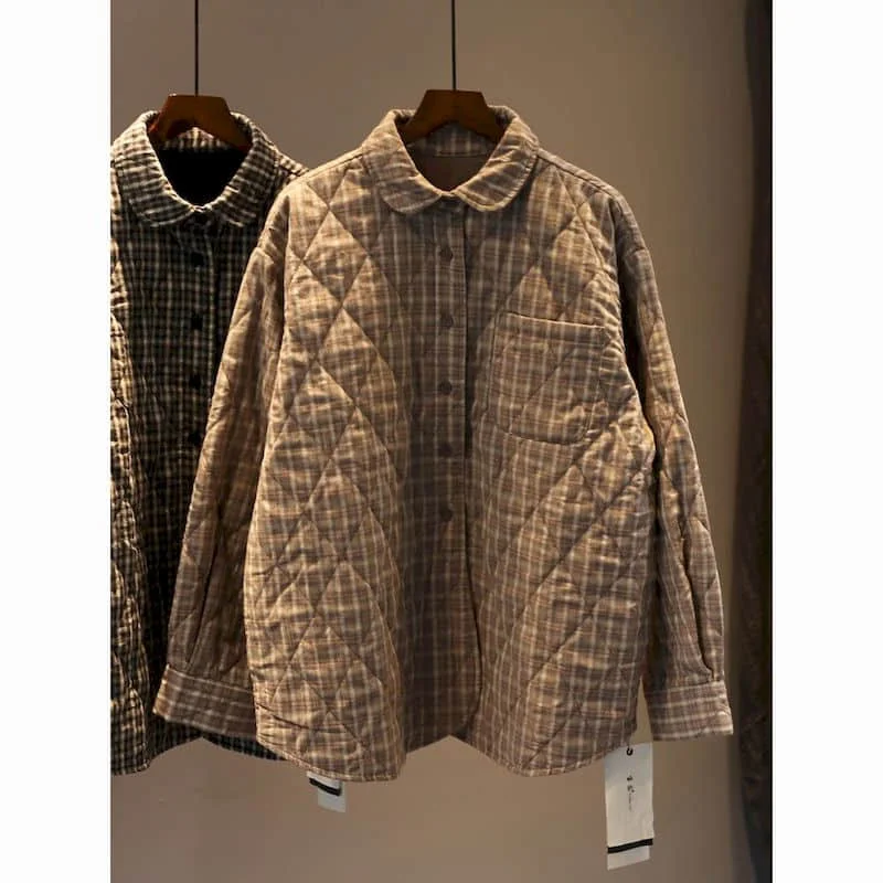 Quilted Shirts for Women Polo-neck Vintage Oversized Cardigans Long Sleeve Casual Coats Korean Style Plaid Cotton-padded Clothes