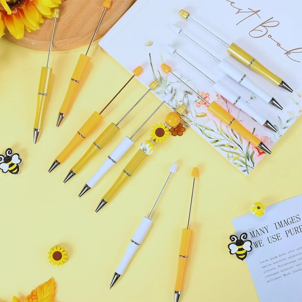 6 قطعة عباد الشمس الربيعي تحت عنوان DIY بها بنفسك حبة قلم حبر جاف ومجموعة الخرز الخشبي ، مع قلادة سبيكة فراشة النحل ، إمدادات المكتب والدراسة