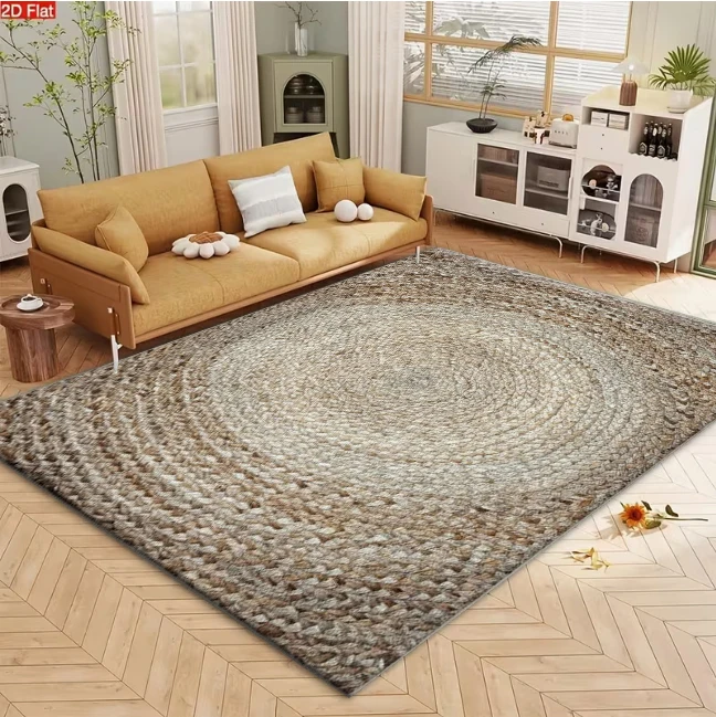 Natural Beige Braided Jute Style Round Effect Area Rug Farmhouse carpet flooring for Living Room Dining Room Home