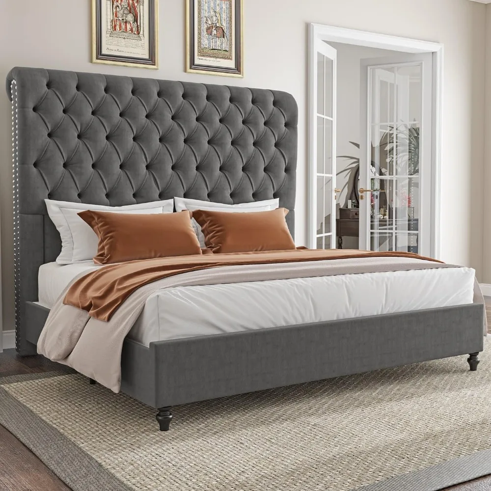 

AMERLIFE Queen Size Bed Frame with 60" Tall Wingback Headboard, Velvet Upholstered Platform, Button Tufted Sleigh Design, No Box