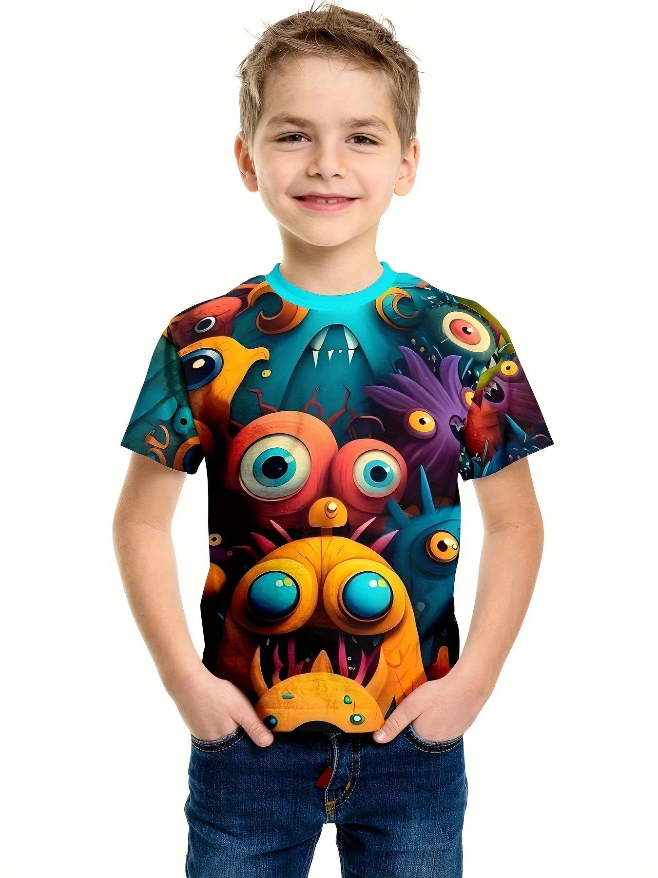 Cute Monster Pattern Print 3D Printed Short Sleeved T-shirt Kids Outdoor Casual Comfortable Summer Fashion Top