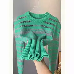 Women's Pullover Round Neck Beading 2023 Autumn and Winter New Trend Sweater Contrast Color Long Sleeve Shor Bottom Knit Tops