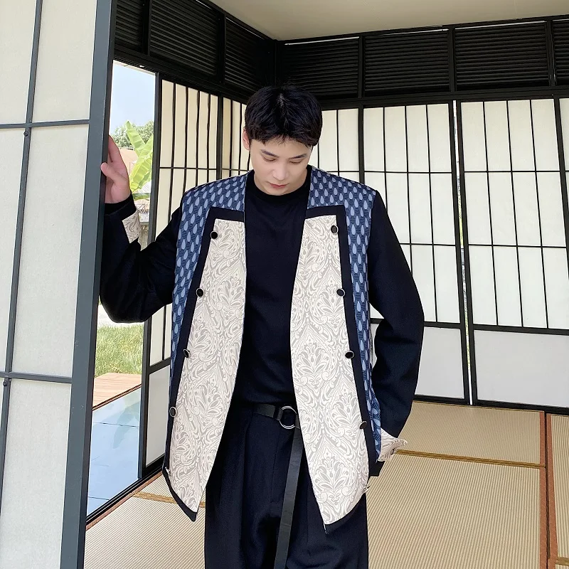 

Fashionable High-End Men's Suit Autumn Winter Abstract Pattern Patchwork Shoulder Pad Stylish Outerwear Casual Long Sleeve