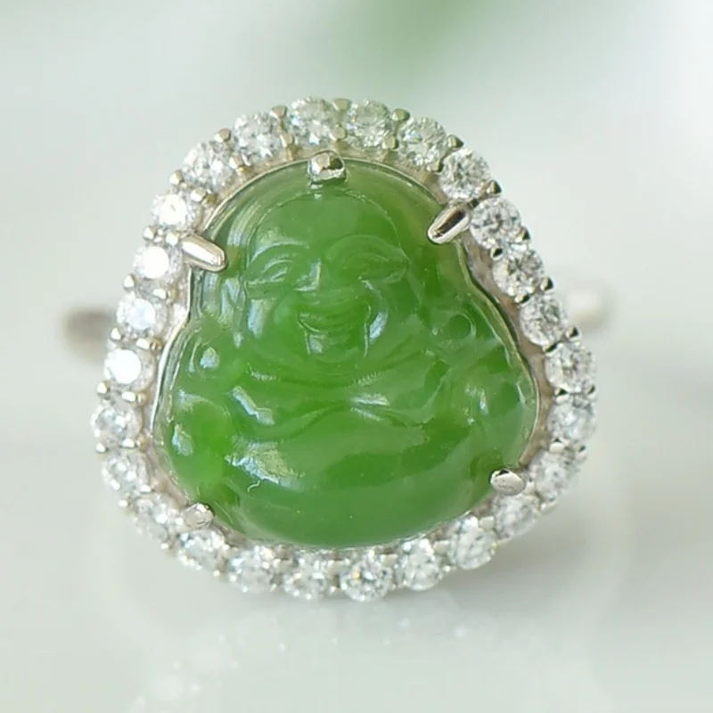 SGARIT Natural Hetian Green Jade S925 Silver Buddha Ring 17*17mm Pendant Two-Wear Style Fine Texture Fashion Versatile Jadeite