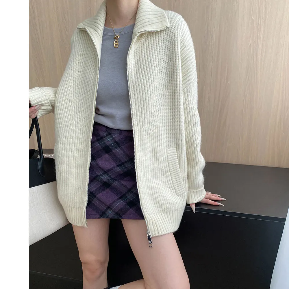 

High Quality Women Stand Collar Knitted Sweater Coat Zipper Design Warm Thick Cardigans Tops For Women Sweater