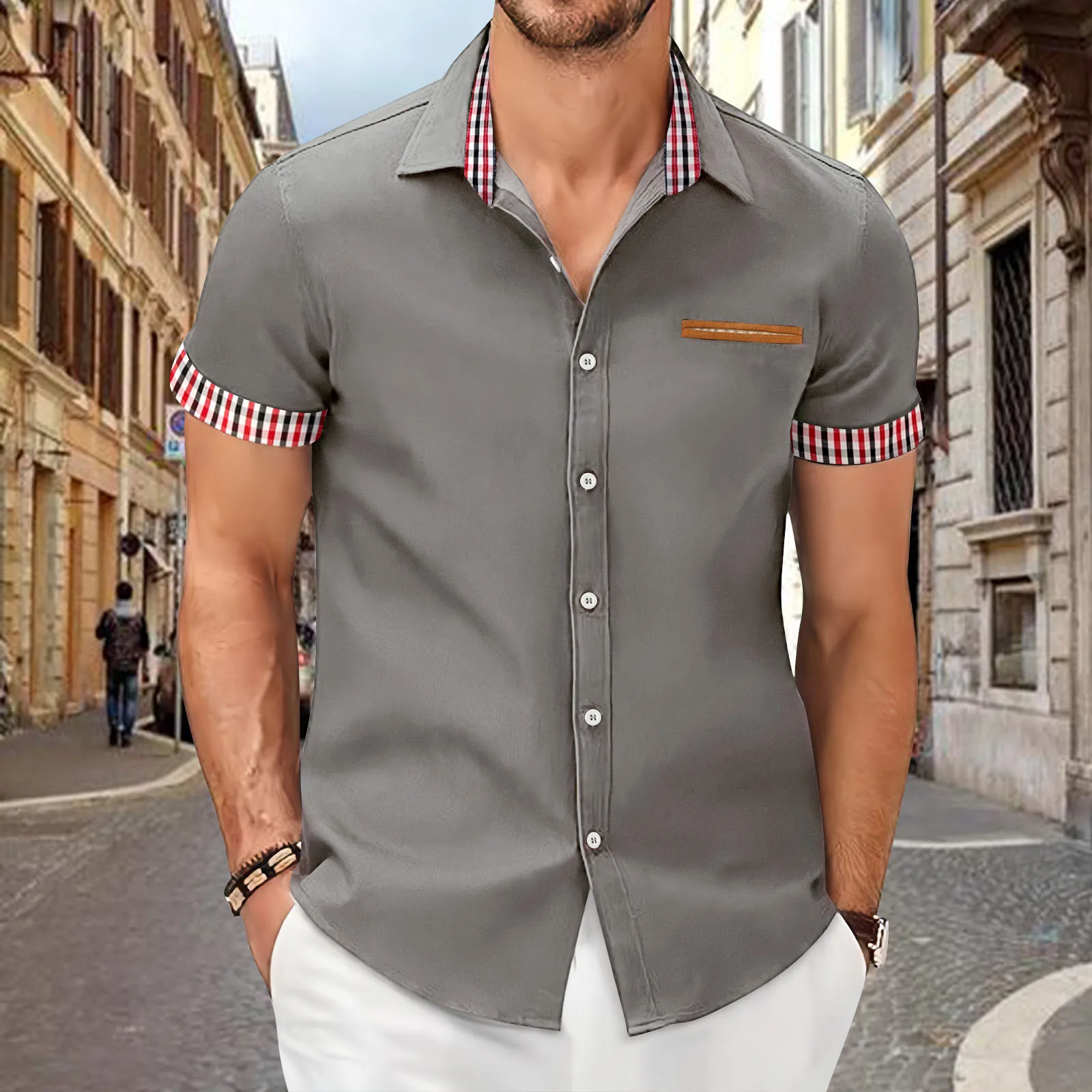 new stylesummer fashion men\'s checkered short-sleeved business slim casual shirt short-sleeved shirt